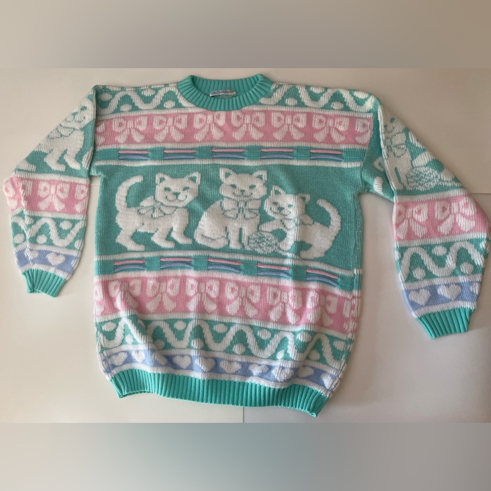Vintage RAREPastel Cat Pattern Crewneck Sweater - Mint, Pink & White